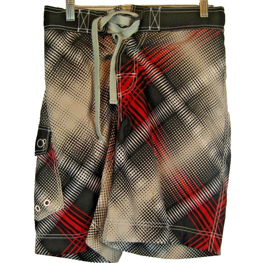 Mens OP Ocean Pacific Poly Black Checked Swim Trunks Board Shorts sz S(28-30)